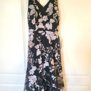 Evening gown, floral print black and pink